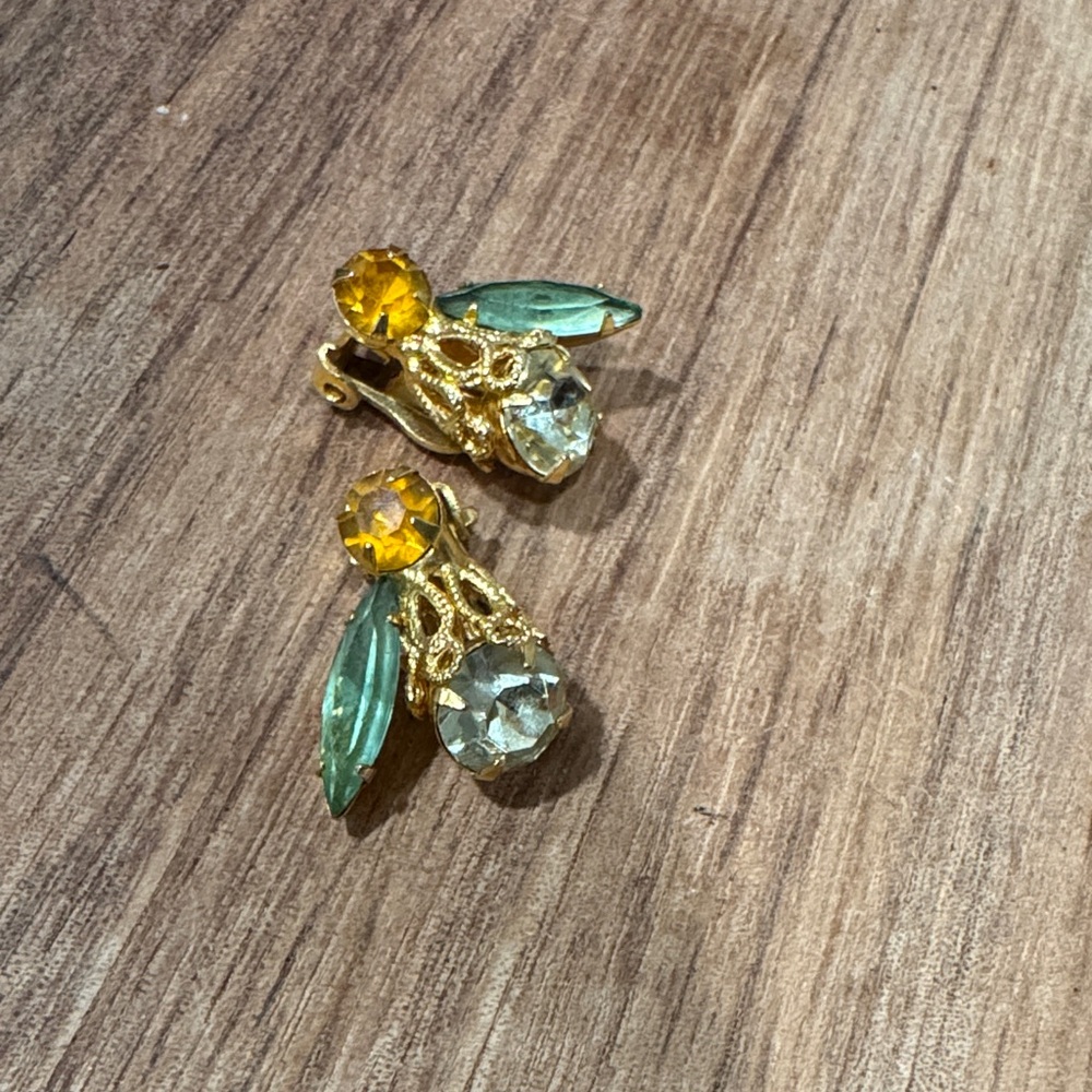 Gold-Tone Clip-On Earrings with Yellow and Green Crystal Accents